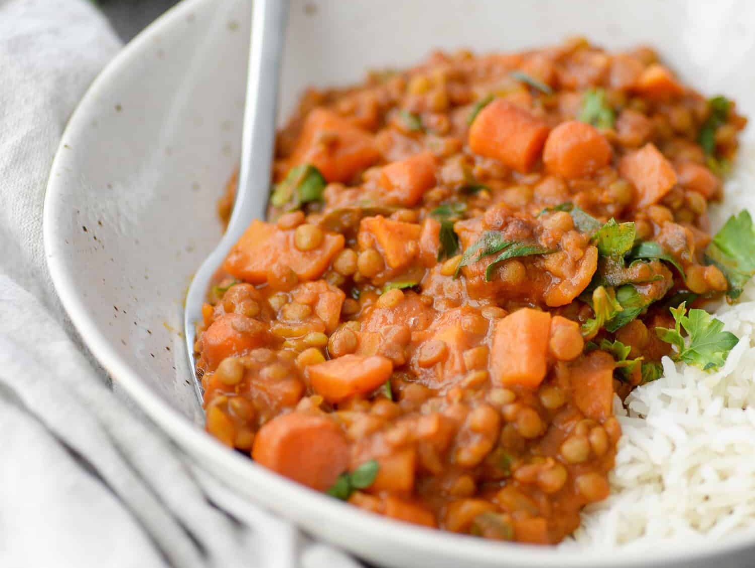 spicy coconut curry lentils with a side of rice.