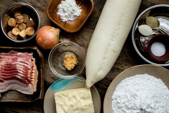 Ingredients for lo bak go (daikon radish, bacon, cheese, rice flour, miso, onion, salt, white pepper)