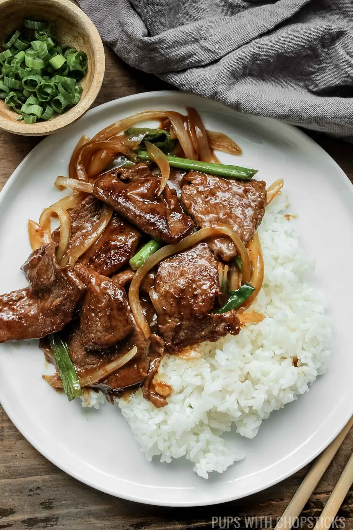Beef and onion stir fry with a side of white rice on a white plate with a side of green onions.