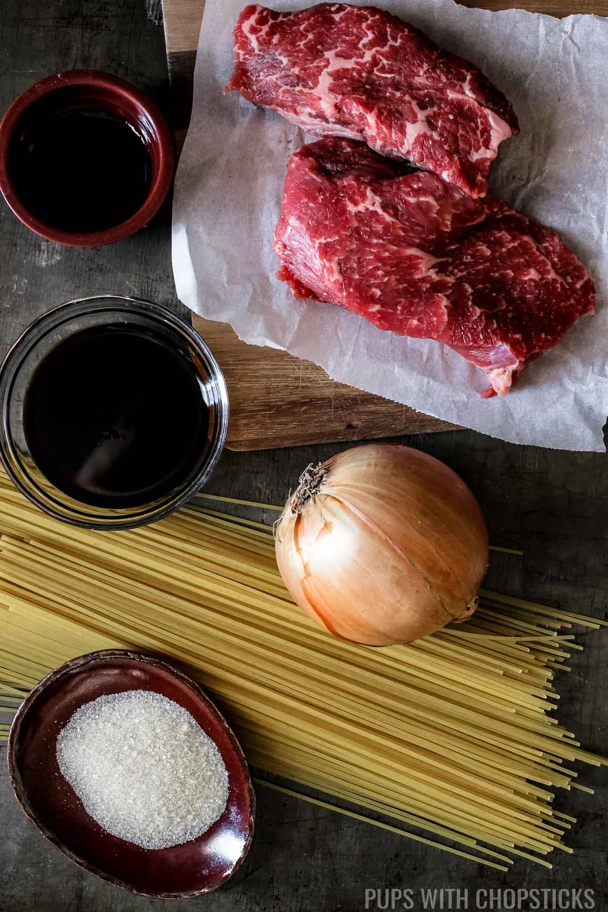 Beef Noodle Stir Fry Ingredients (beef, spaghettini, soy sauce, sugar, onions)