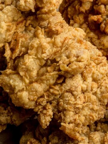 Closeup of extra crispy fried chicken nooks and crannies