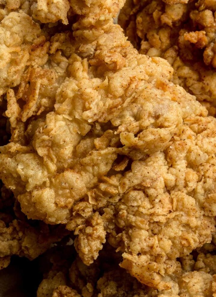 Closeup of extra crispy fried chicken nooks and crannies
