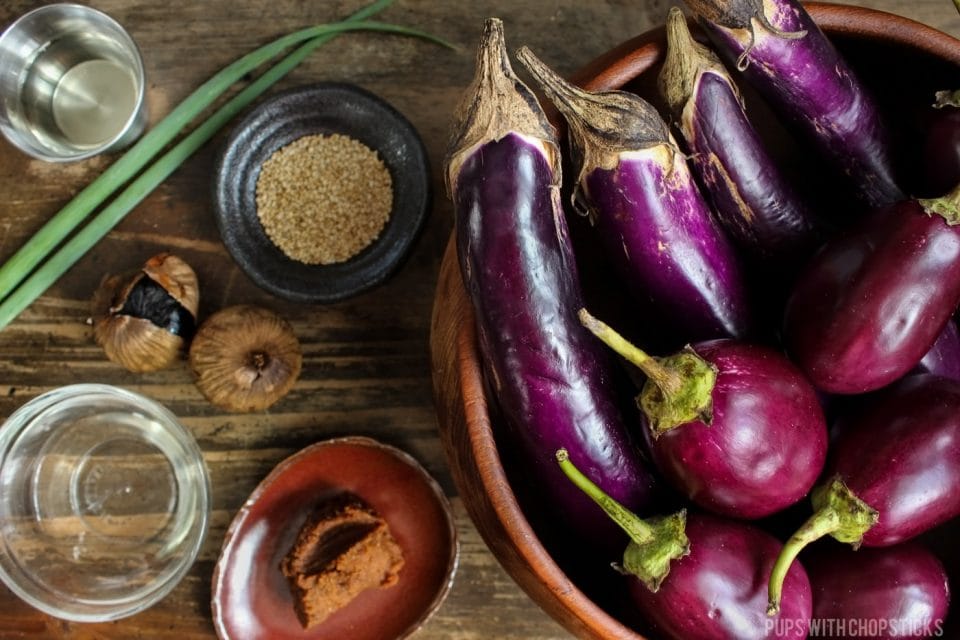 Ingredients for Miso Eggplant (Chinese eggplant, miso, sake, mirin, black garlic, sesame seeds and oil)