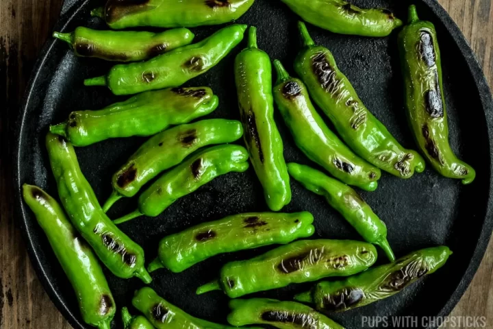 Shishito peppers being blistered on hot cast iron pan