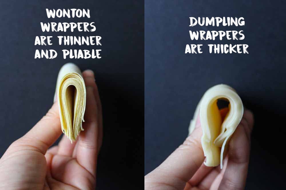 Wonton and Dumpling skins folded and shown with side profile to show the difference in thickness