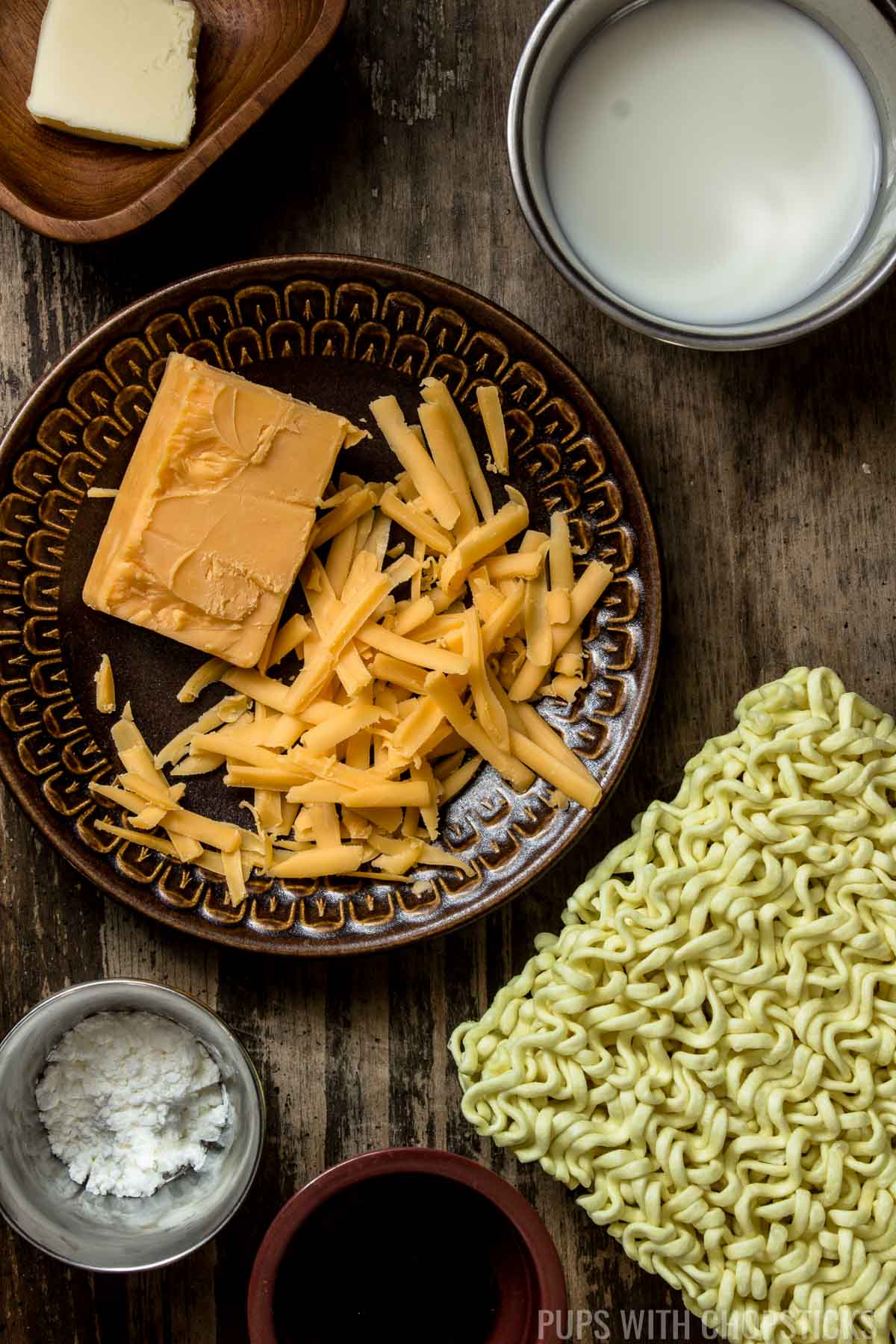 Cheese Ramen Ingredients (Instant Noodles, cheddar cheese, milk, butter, corn starch)