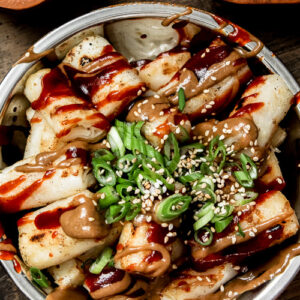 Closeup of cheung for drizzled with sauce