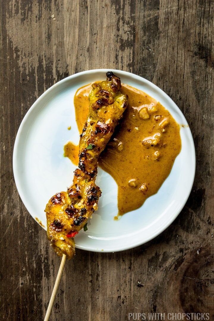 Thai chicken satay skewer on a plate dipped in peanut sauce