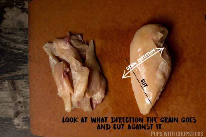 An image showing how to cut chicken breast across the grain for maximum tenderness