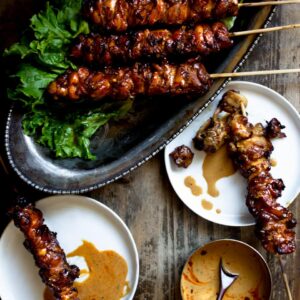 Grilled Chicken Skewers served with a peanut sauce