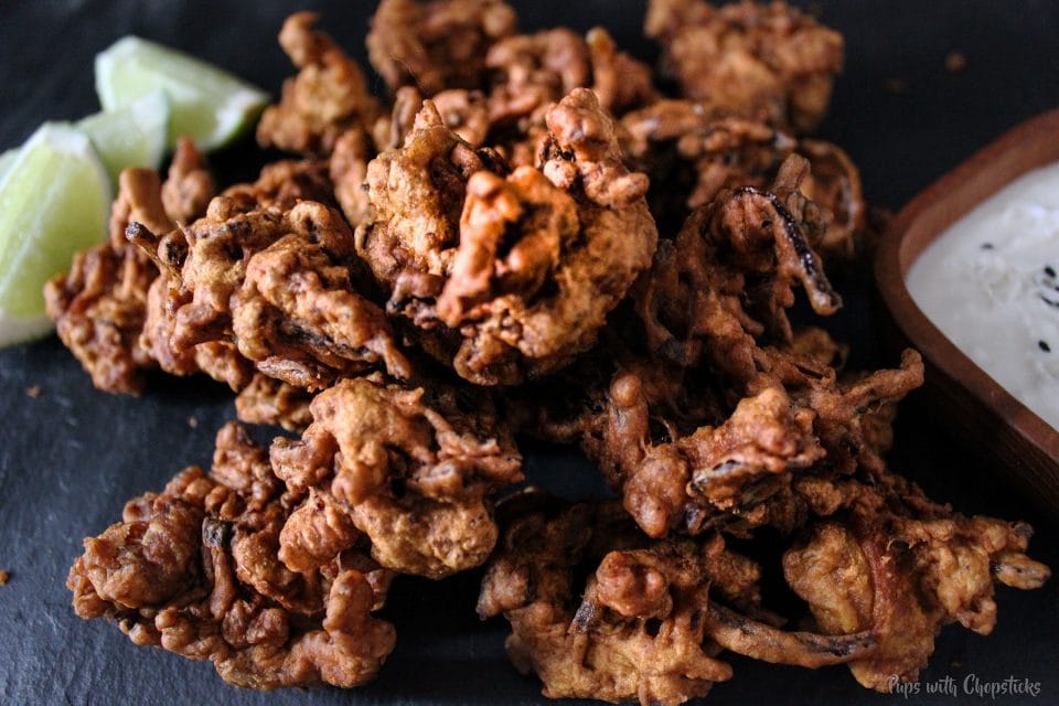 Crispy Chicken Pakora laid out on a table