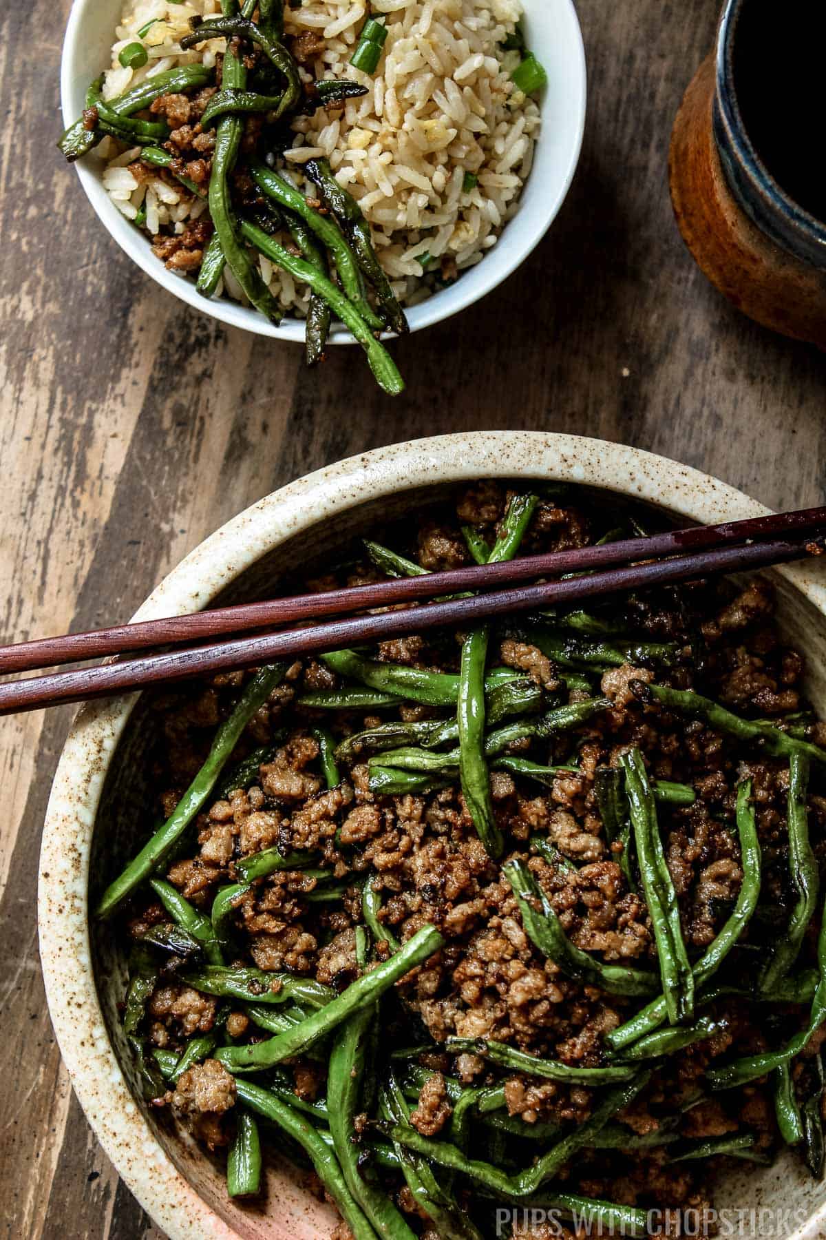 Dry-Fried Long Beans and Minced Pork with Olive Vegetables served with white rice.