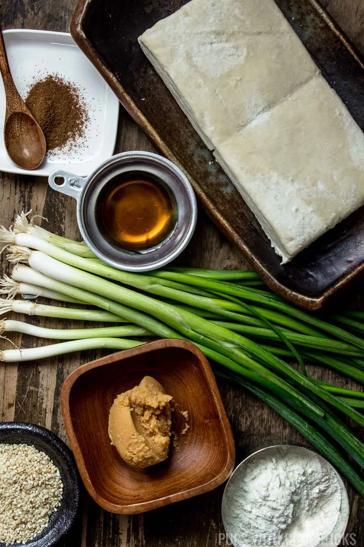 Chinese Scallion Pancake Ingredients (puff pastry, miso, green onions, sesame seeds, sesame oil)