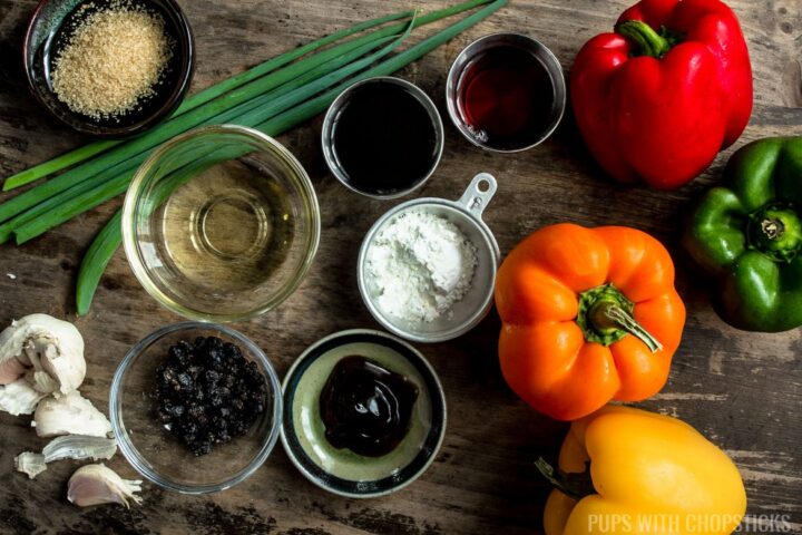 Ingredients for Chinese stuffed peppers (dim sum style) - peppers, soy sauce, sesame oil, fermented black beans, garlic, sugar, corn starch, oyster sauce