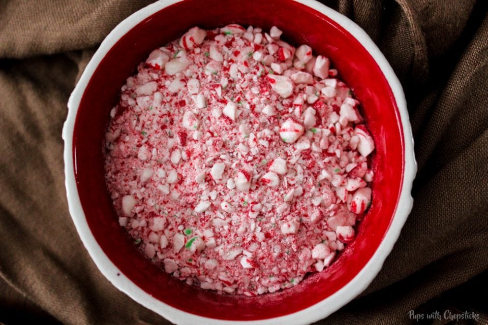 Crushed candy cane bits in a bowl for Candy Cane Chocolate Crepe Cake