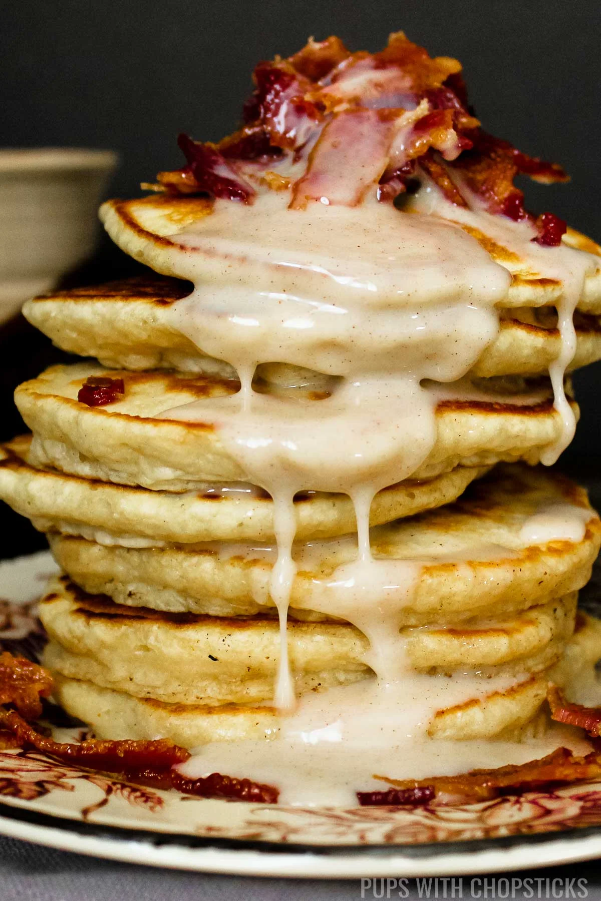 Condensed milk pancakes with candied bacon on top.