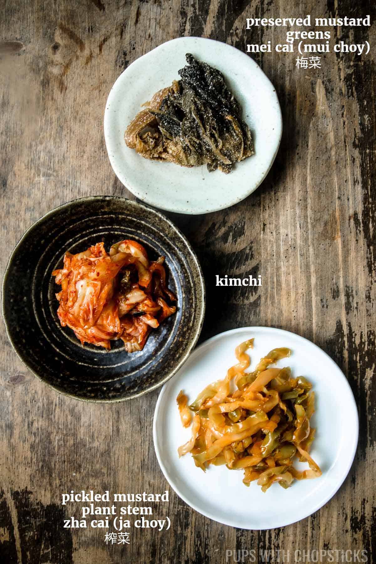 3 preserved vegetable congee toppings (mei cai, zha cai, kimchi)