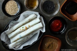 Crispy Cheung Fun (Rice Noodle Rolls) + Spicy Hoisin & Maple Sesame Sauce