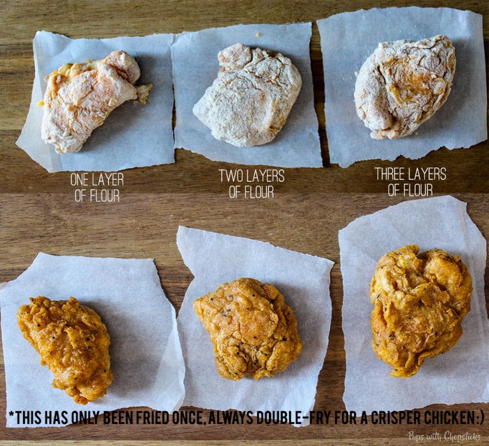 Freshly battered raw chicken (coated with 1 layer, 2 layer and 3 layers of batter) and the cooked version laid out on a table to show the difference of crispiness