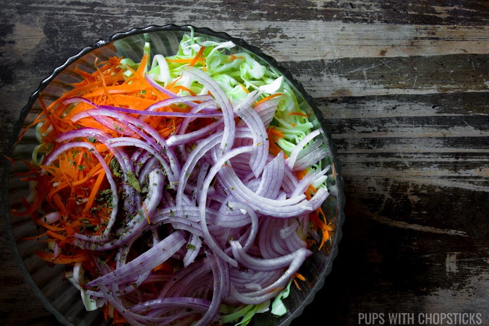 Curtido (Salvadoran Pickled Cabbage Slaw) ingredients all placed in a bowl, ready to be mixed.