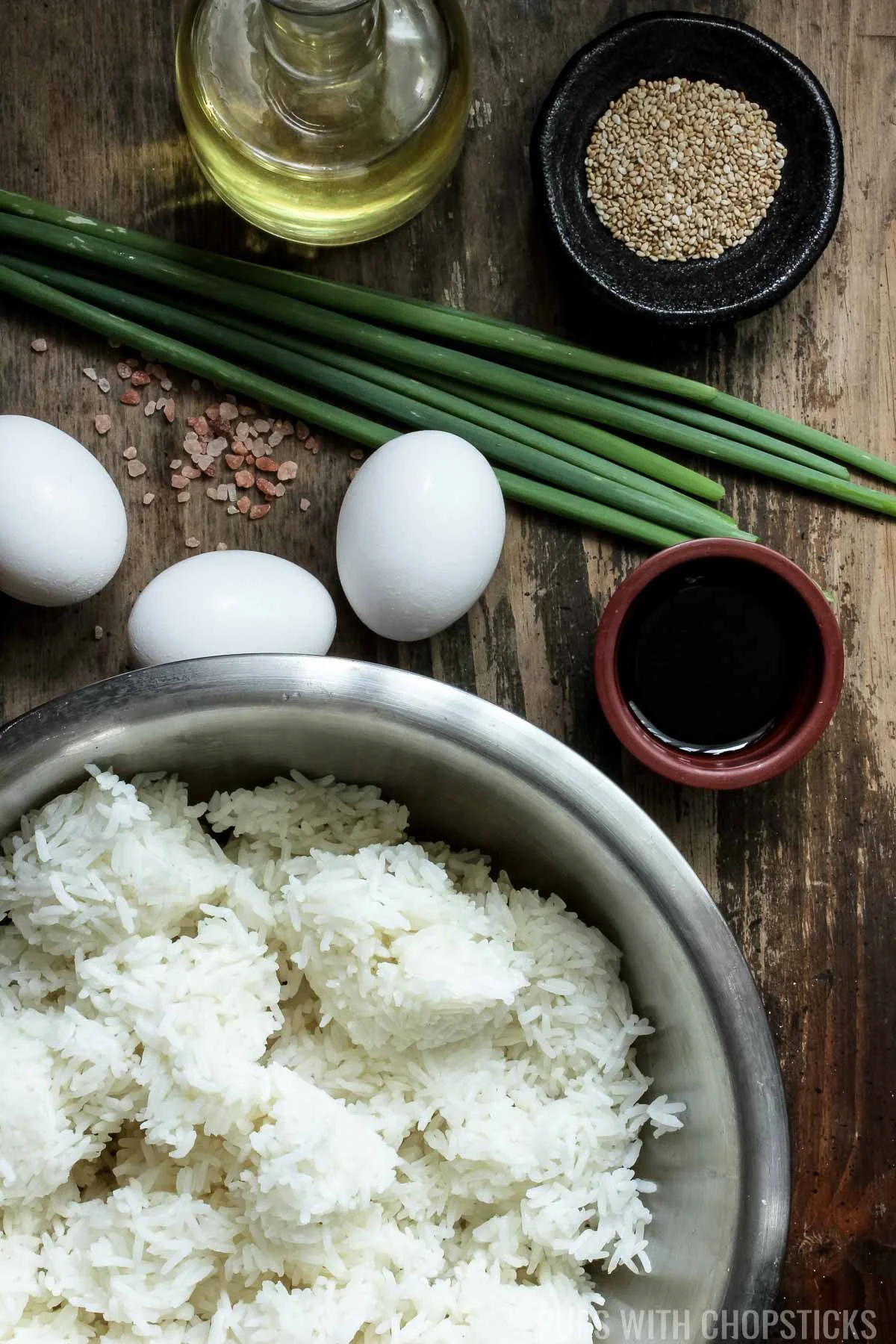Easy Chinese Egg Fried Rice Ingredients (eggs, oil, salt, soy sauce, cold rice)