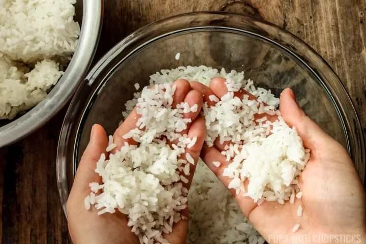 Me showing how to break up cold leftover rice into small pieces by hand and how small the pieces should be.