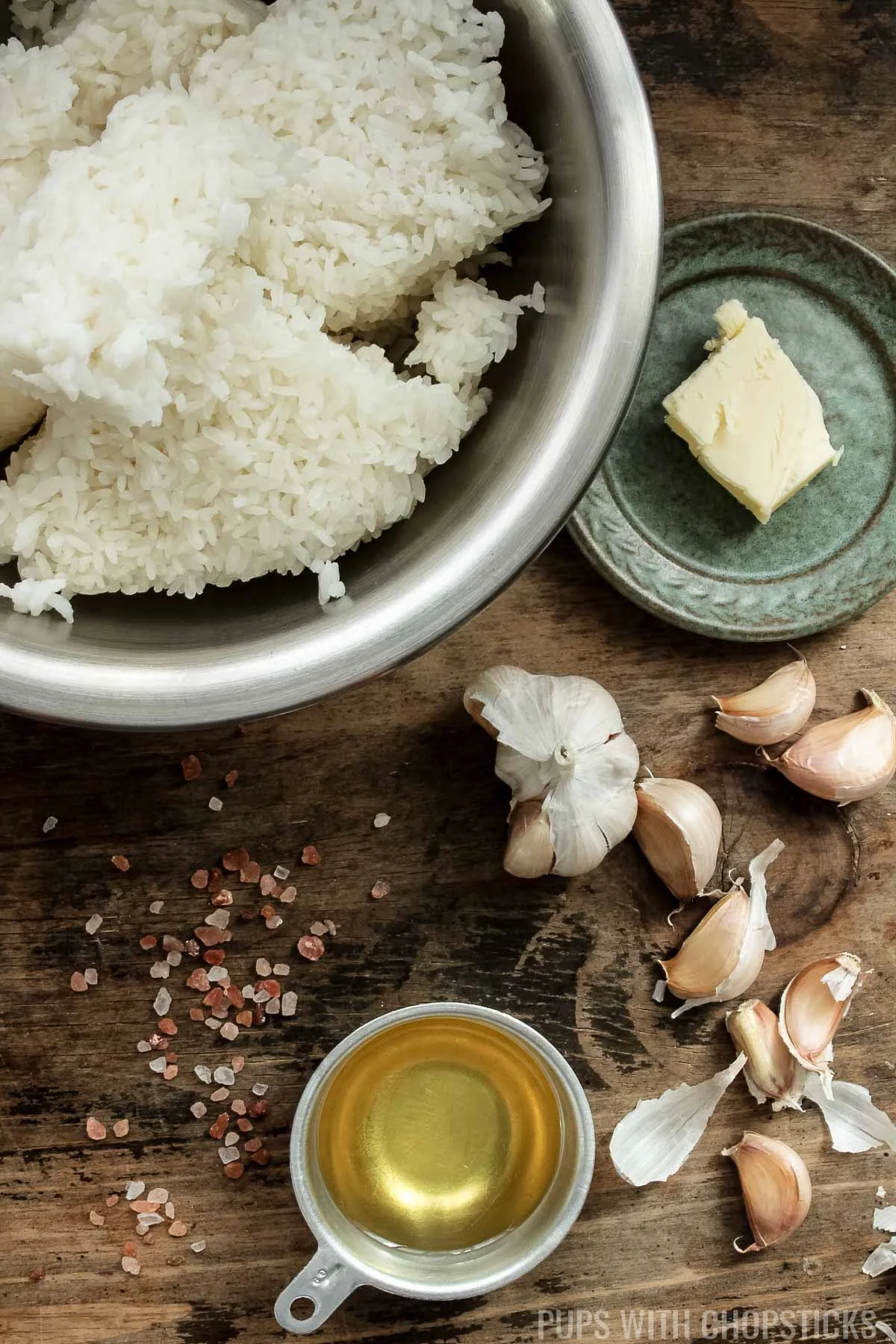 Ingredients for garlic fried rice/sinangag (garlic, cooked rice, oil, butter, salt