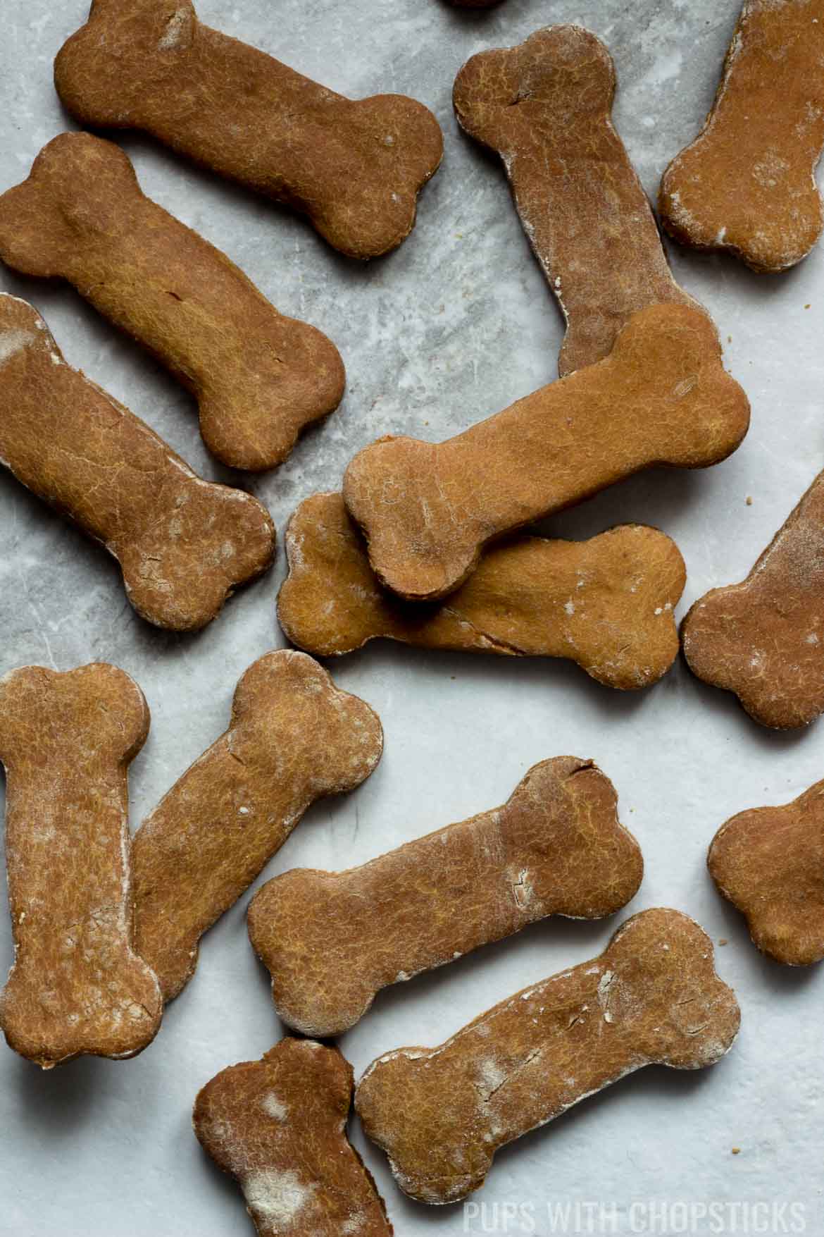 Grain free dog treats scattered on table