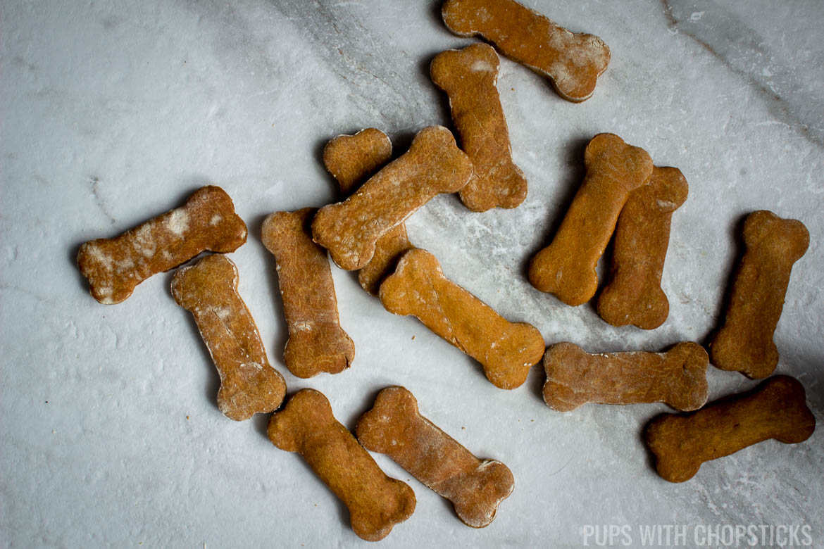 Grain free dog treats scattered on countertop