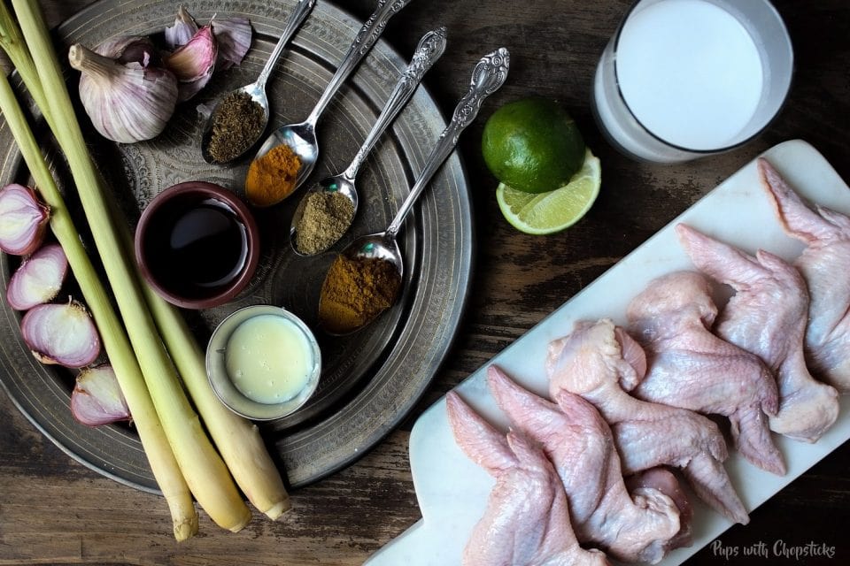 Grilled Chicken Satay Wings Ingredients laid out mise en place