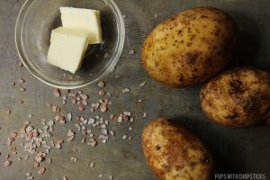 Ingredients for Crispy Hash Browns mise en place (butter, salt and potatoes)