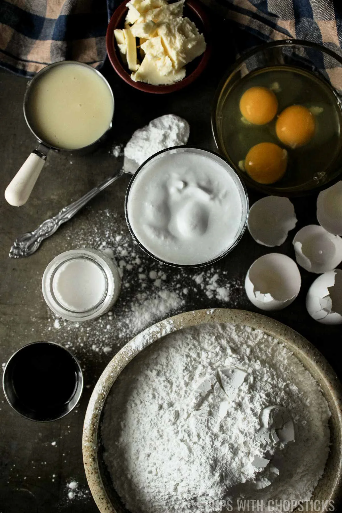 Ingredients for Hawaiian butter mochi (mochiko flour, coconut cream, condensed milk, sugar, eggs, butter)