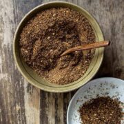 A close up of homemade coffee rub in a small bowl with a wooden spoon