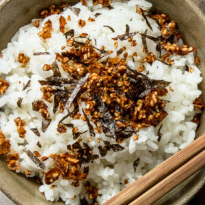 Close up of homemade Japanese furikake seasoning on rice