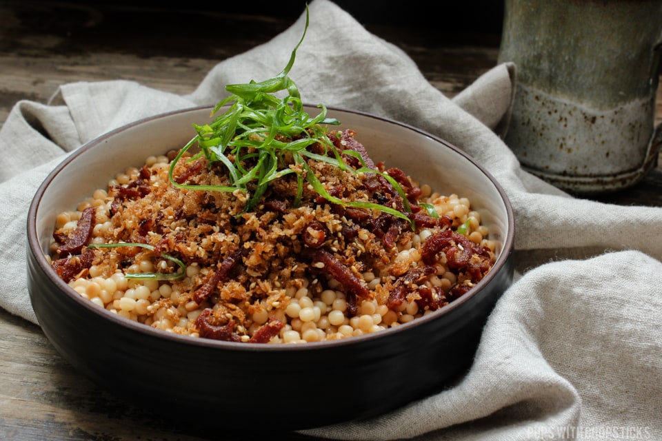 Israeli Couscous + Crispy Garlicky Bread Crumb Topping