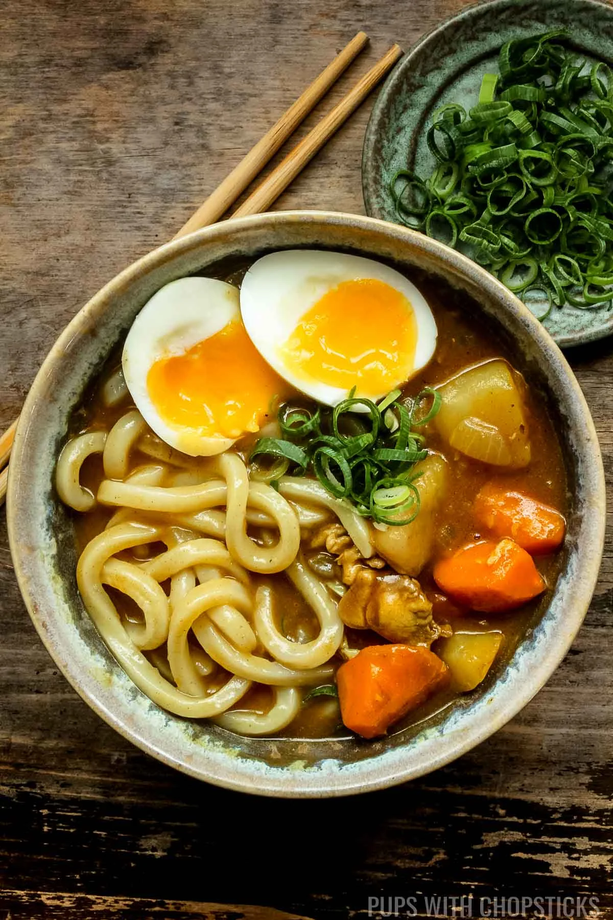 Japanese curry udon served with soft boiled egg and green onions on the side