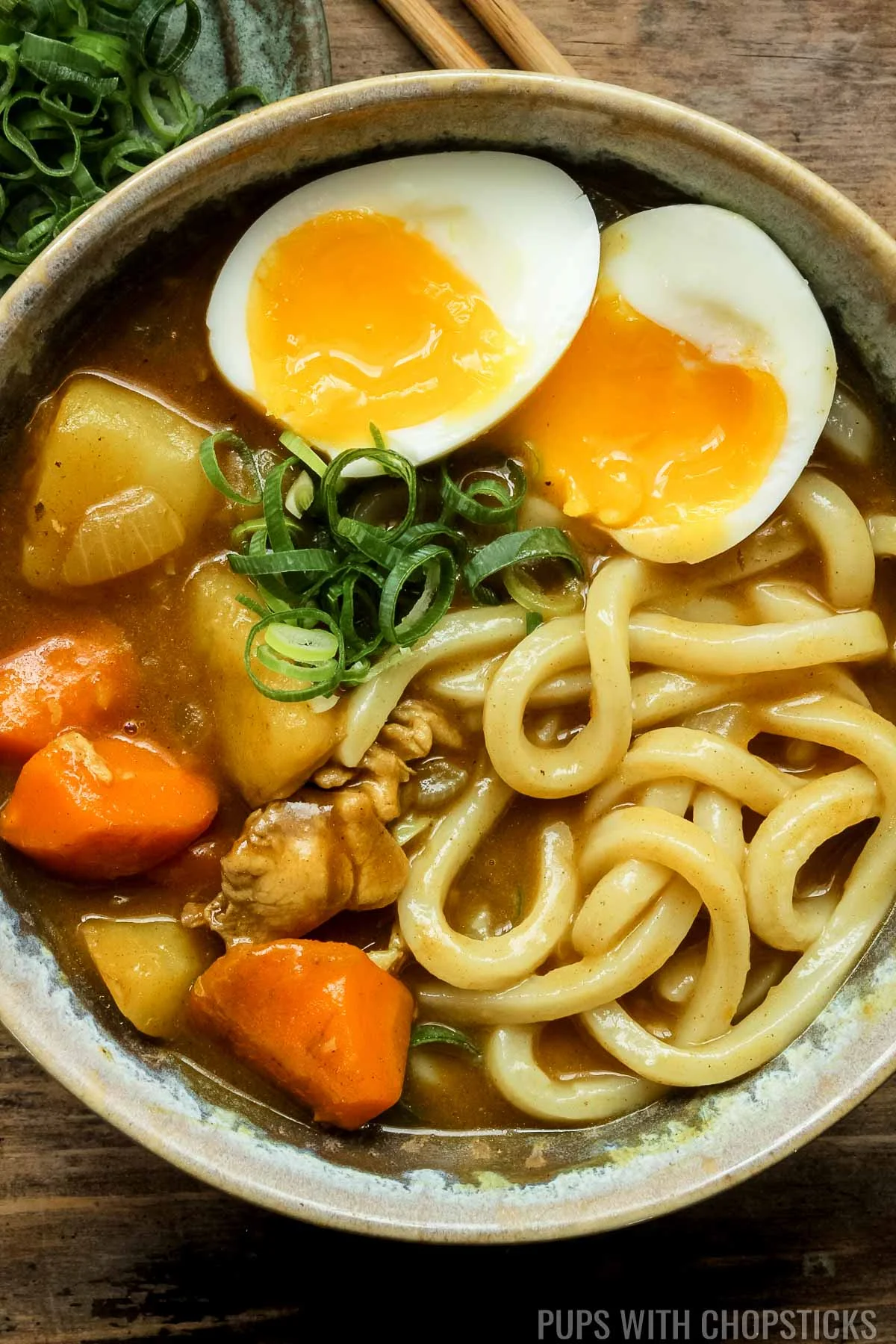 Close up of Japanese curry udon served with soft boiled egg