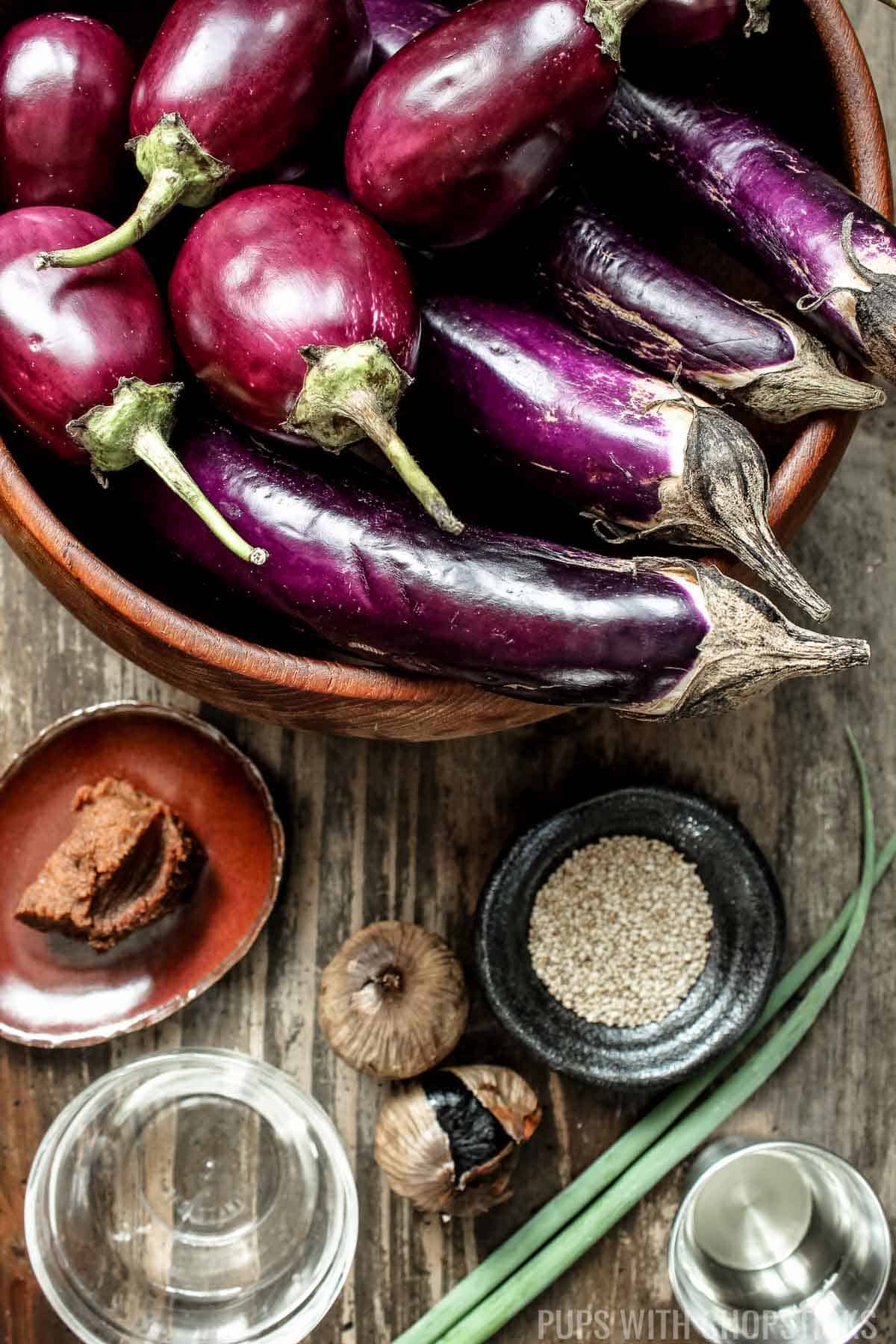 Japansese miso eggplant ingredients (miso, eggplant, black garlic, mirin)