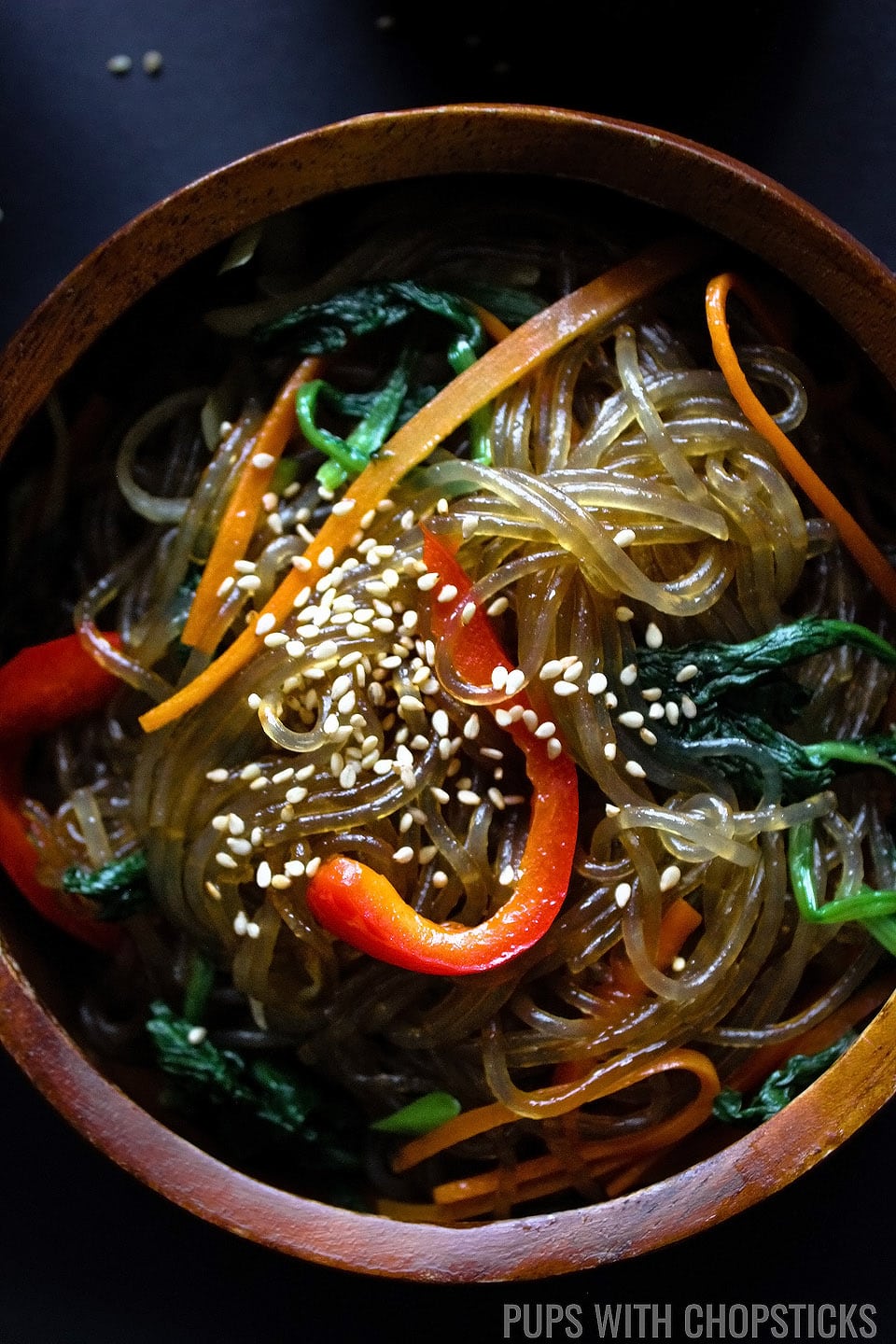 Korean Glass Noodles (Japchae / Chapchae) noodles in a bowl on a table