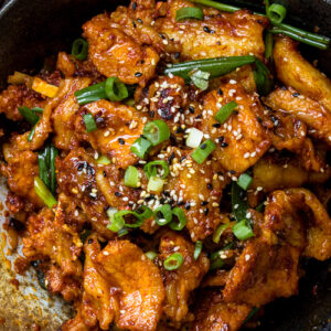 Closeup of spicy Korean pork bulgogi