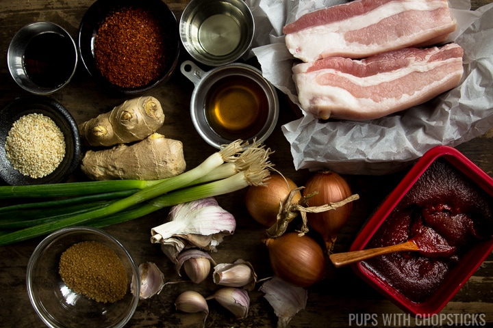 Ingredients for Korean Spicy Pork Bulgogi (Pork Belly, Garlic, Ginger, Green Onions, Gochujang, Fish Sauce, Sugar, Mirin, Sesame Oil and Onions)