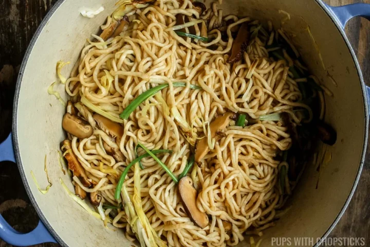 longevity noodles, yee mein, done in a large pot.