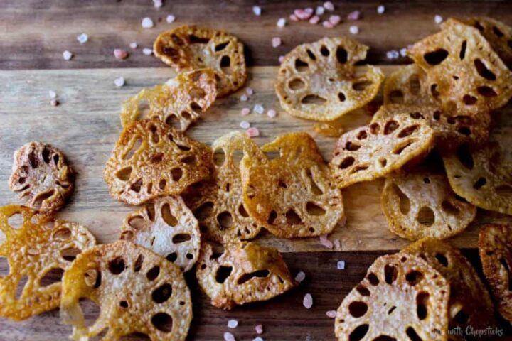 Lotus Root Chips on a cutting board