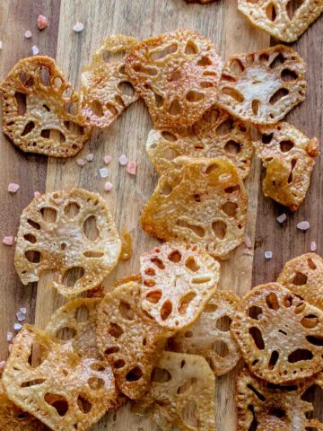 lotus root (renkon chips) on a cutting board