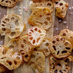 lotus root chips on cutting board.