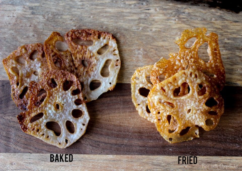 Lotus Root Chips baked and deep fried being shown side by side, the difference in crispiness