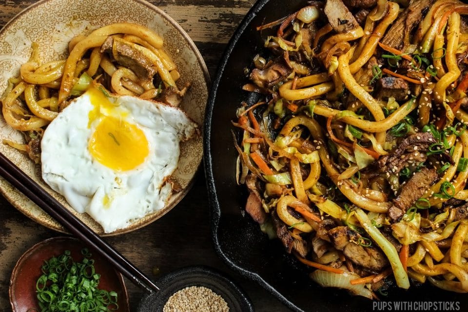 curry beef yaki udon with fried egg.