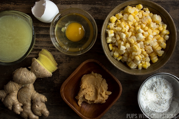 Ingredients for Egg Drop Soup (Corn, Miso, Egg, Ginger, Chicken Stock)