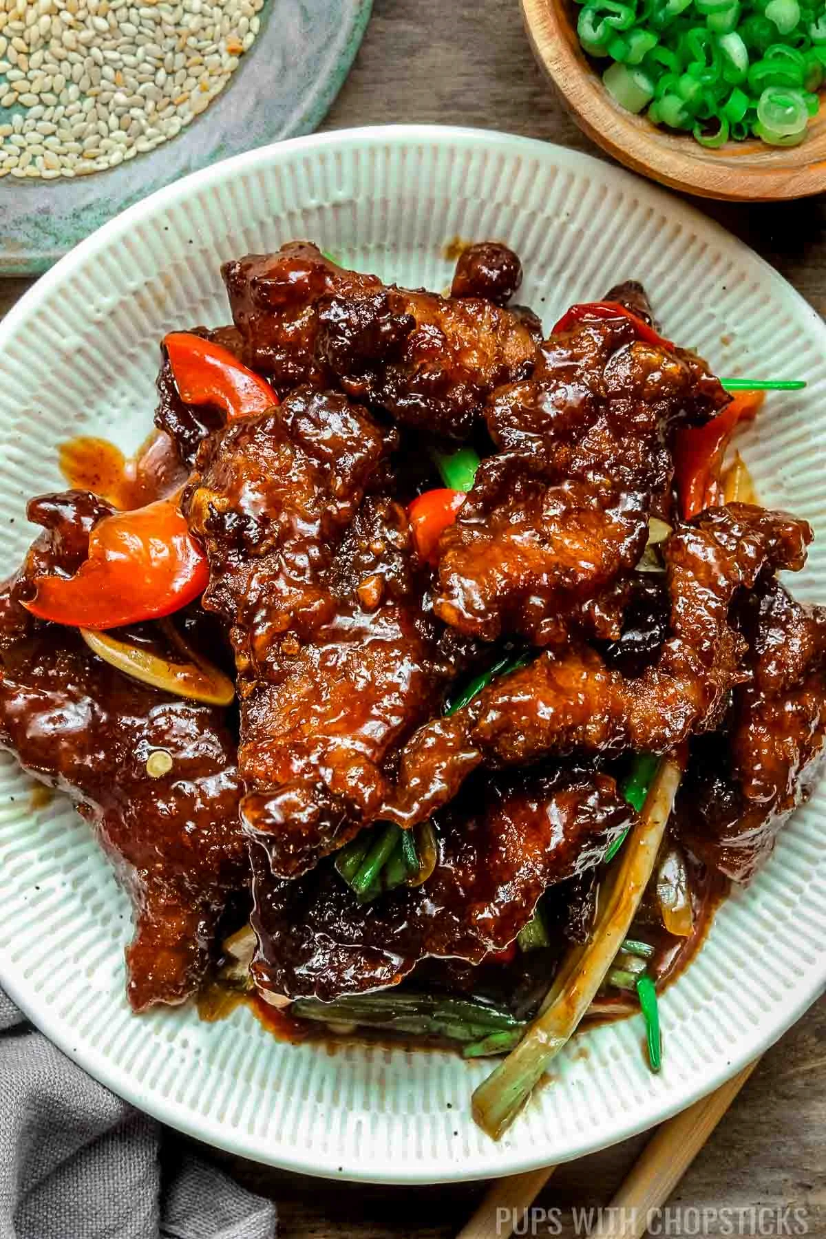 Mongolian beef on a white plate with green onions