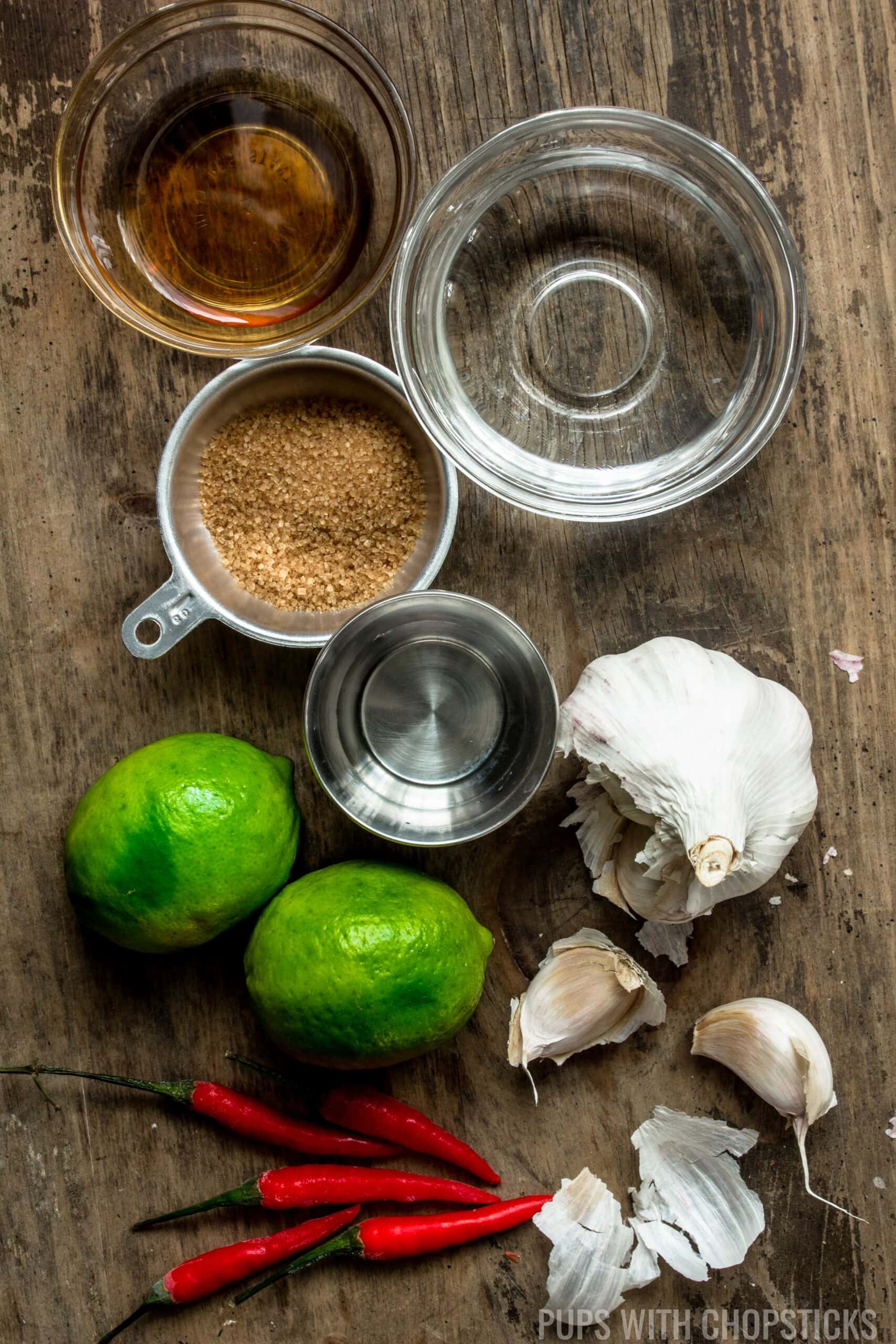 Nuoc cham ingredients (lime, garlic, fish sauce, sugar, water)